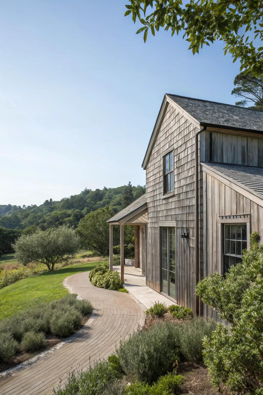 Home with naturally grayed wood cladding