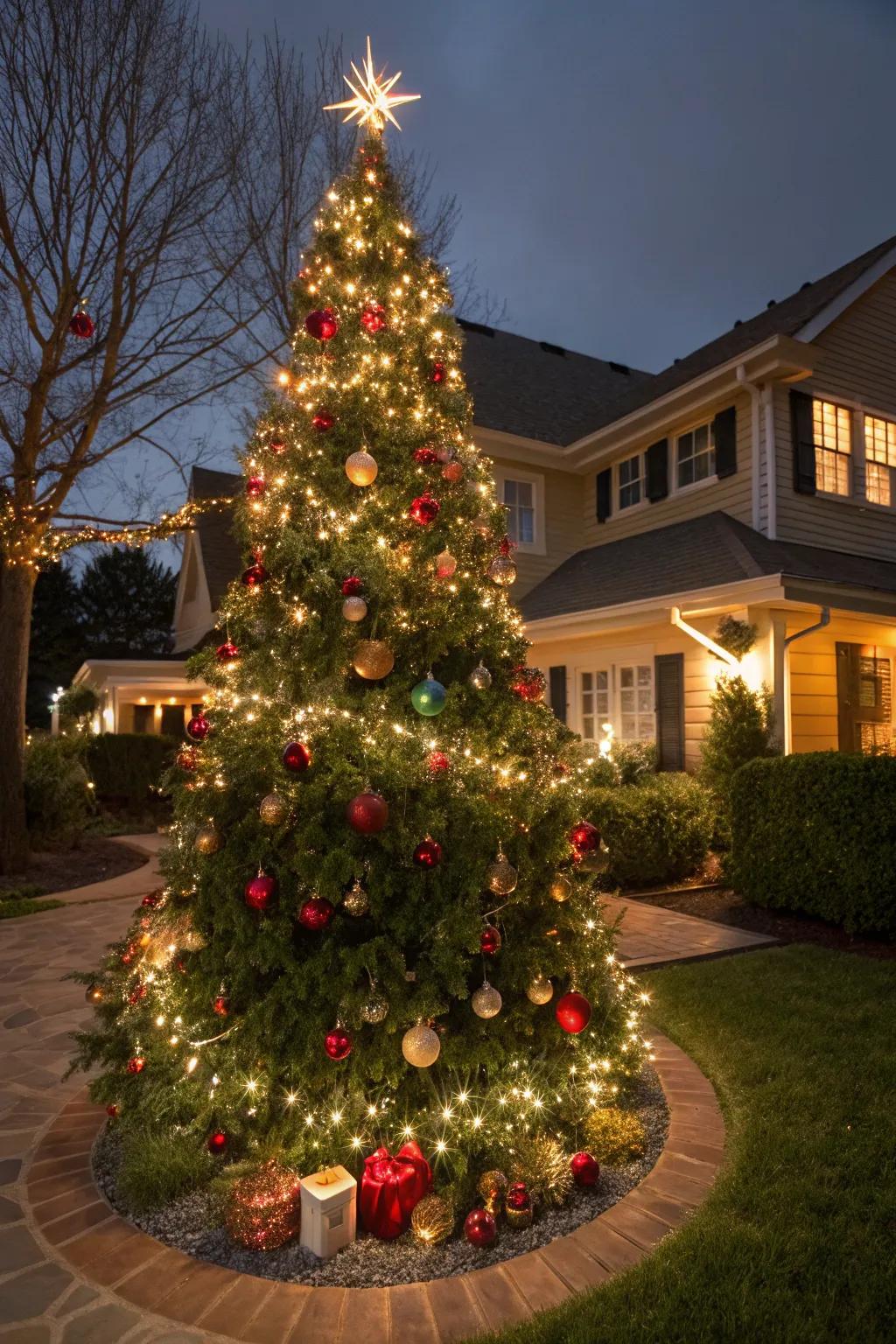 A large Christmas tree lights up the neighborhood with festive cheer.