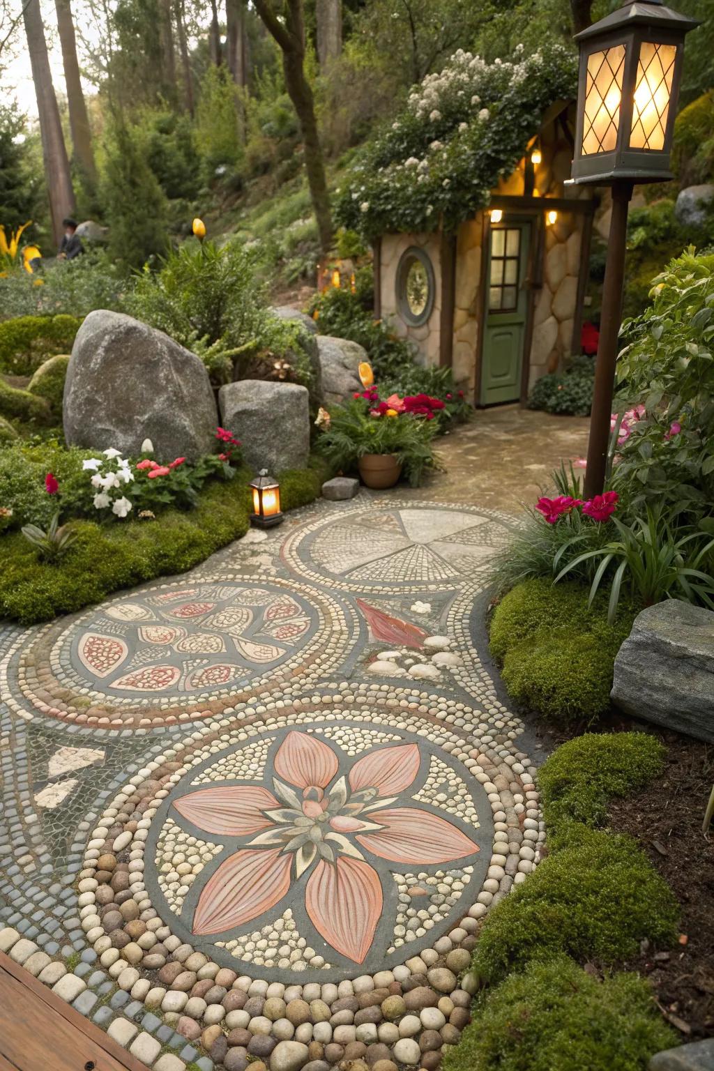 An intricate pebble mosaic, adding artistic flair to a fairy garden.
