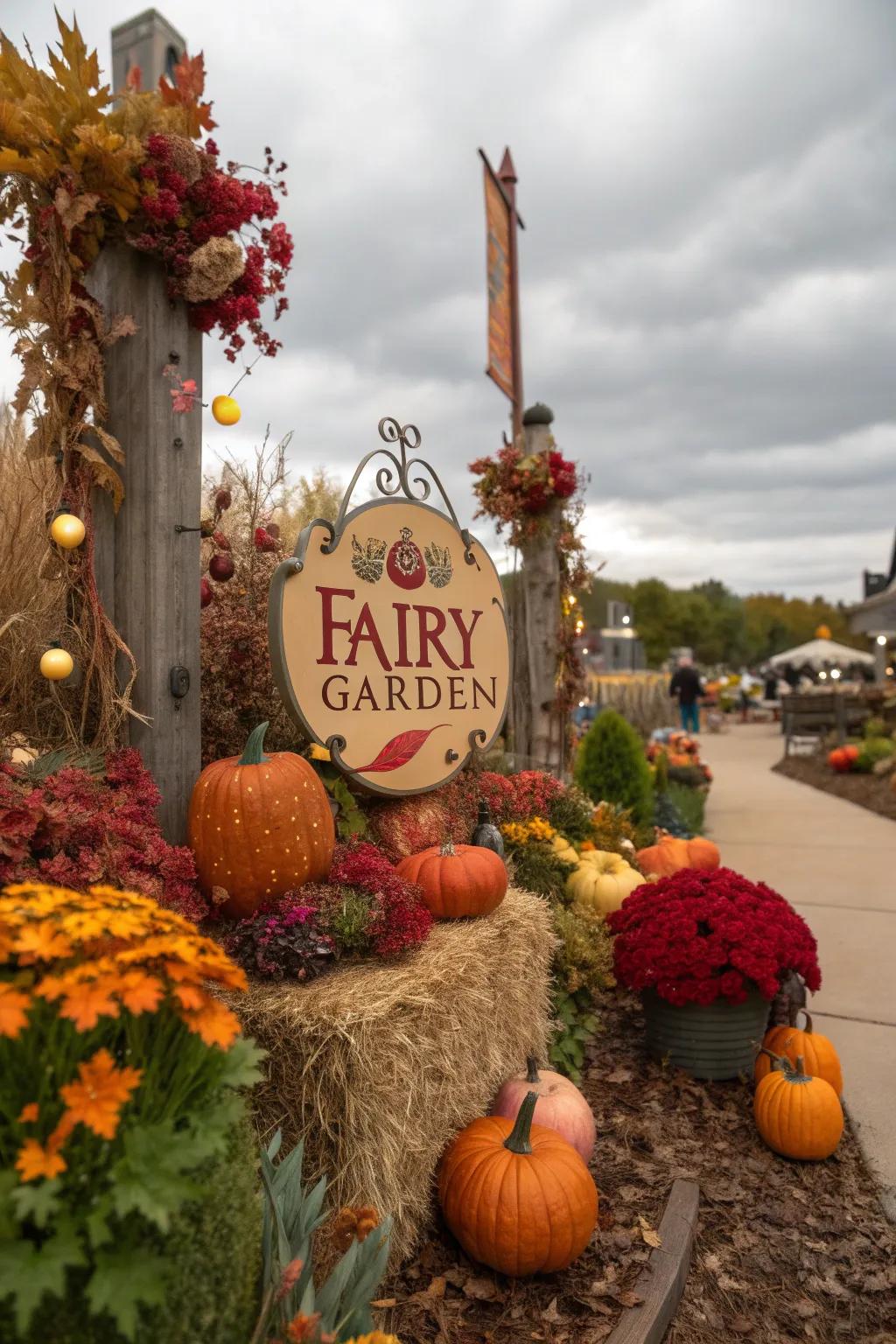 Seasonal fairy garden signs adorned with autumnal decorations.