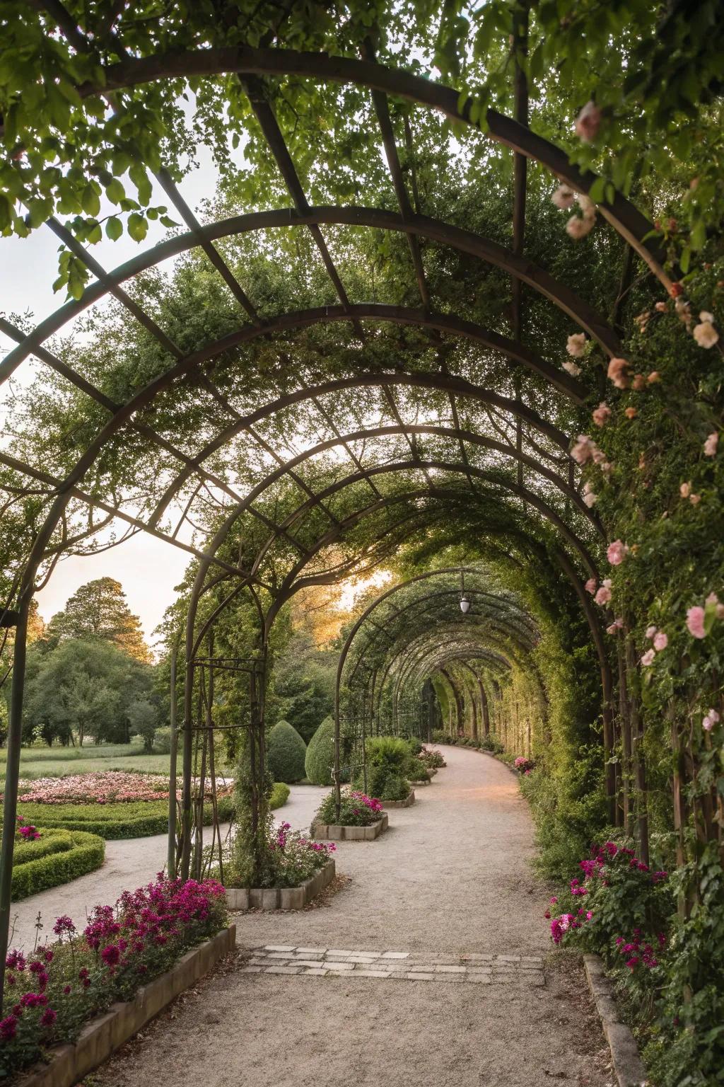 Trellises offer structure and beauty with flowering vines.