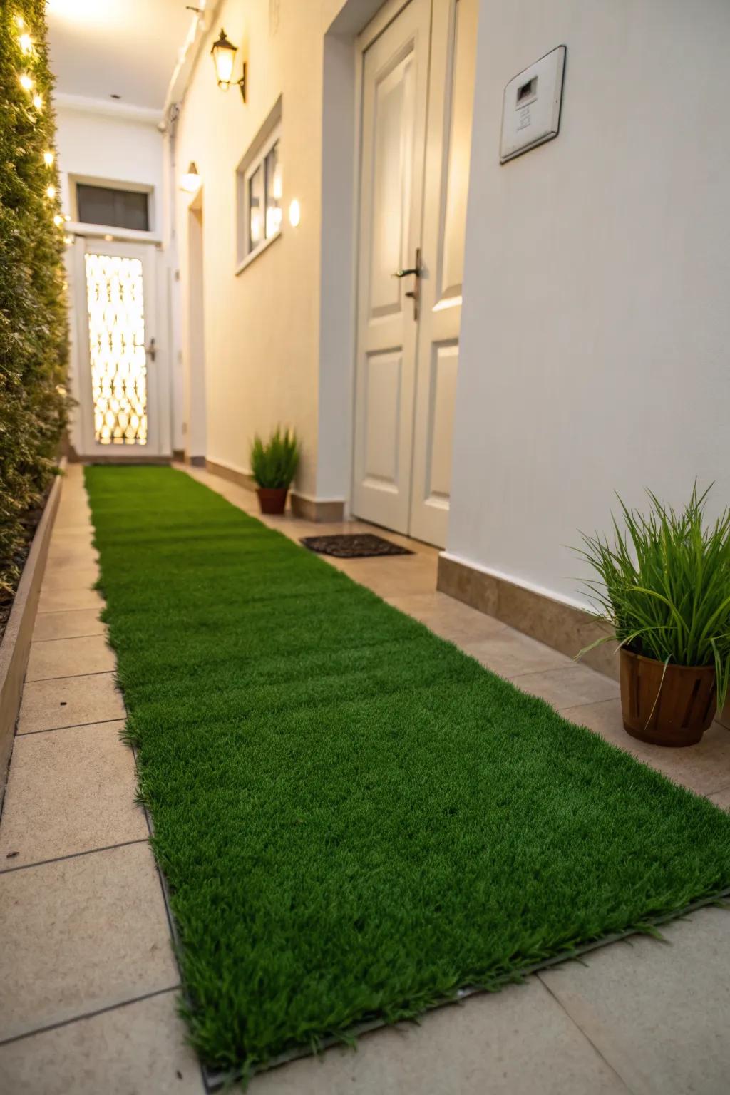 A lush green entryway with artificial grass.