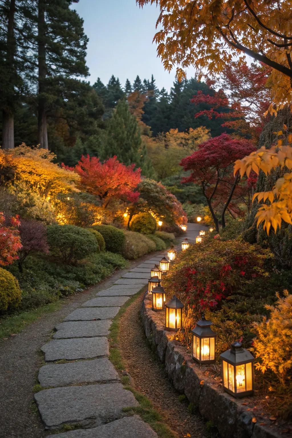 Lanterns create a warm and inviting glow along garden paths.