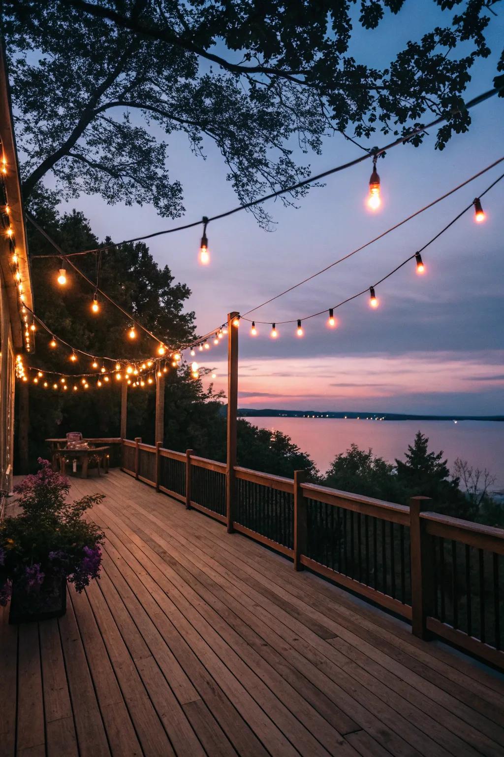 String lights add a magical glow to the deck, perfect for fall evenings.