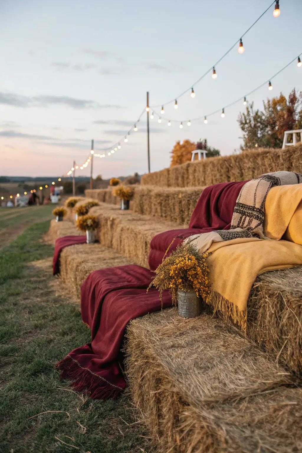 Hay bales can double as seating for outdoor fall gatherings.