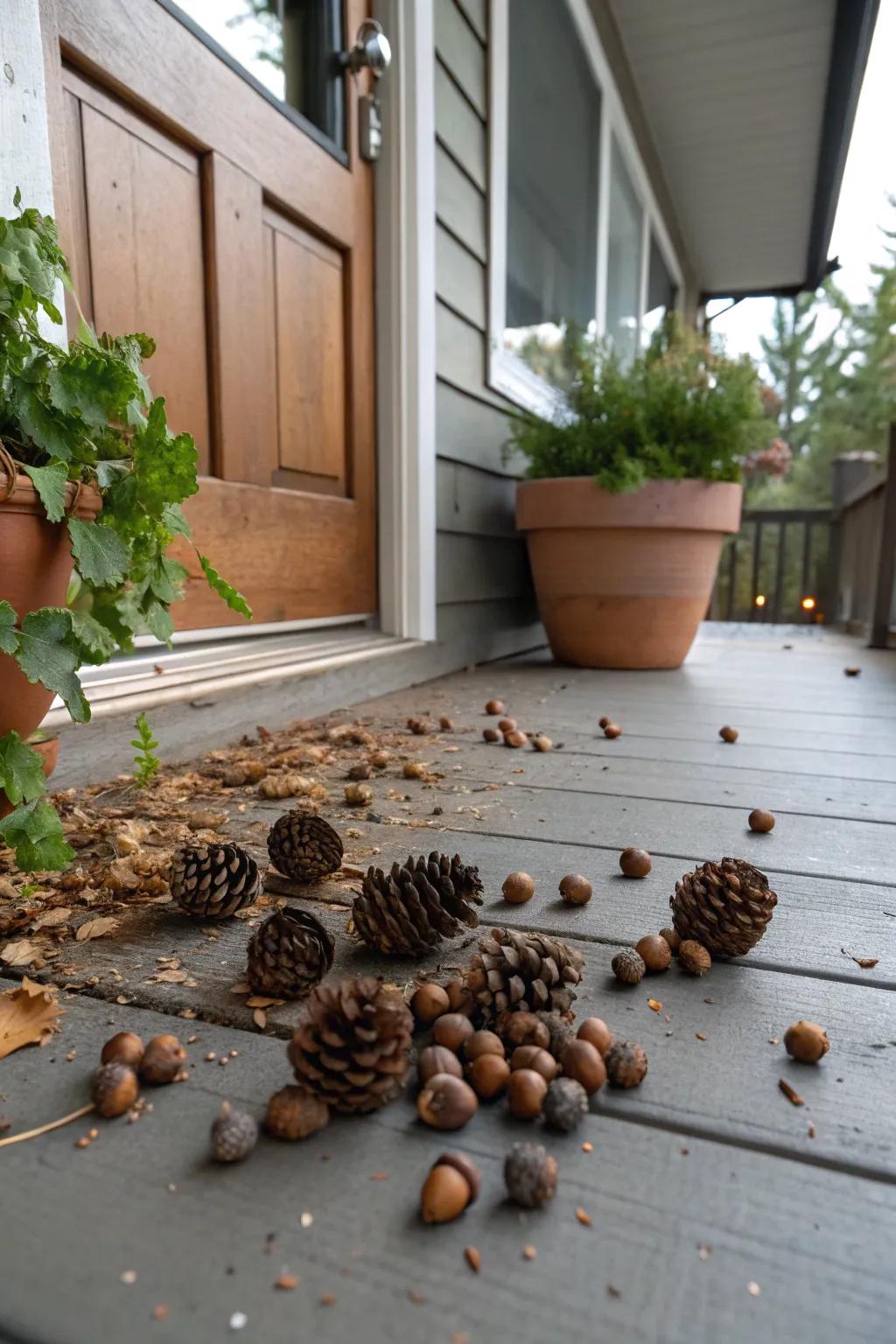 Nature's gifts like pinecones add an organic touch.