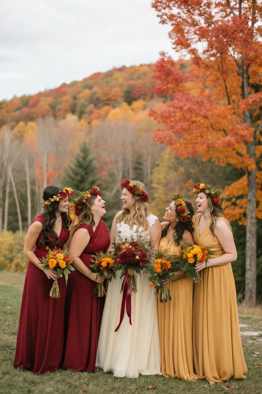 Beautiful autumn flower crowns for the bridal party.