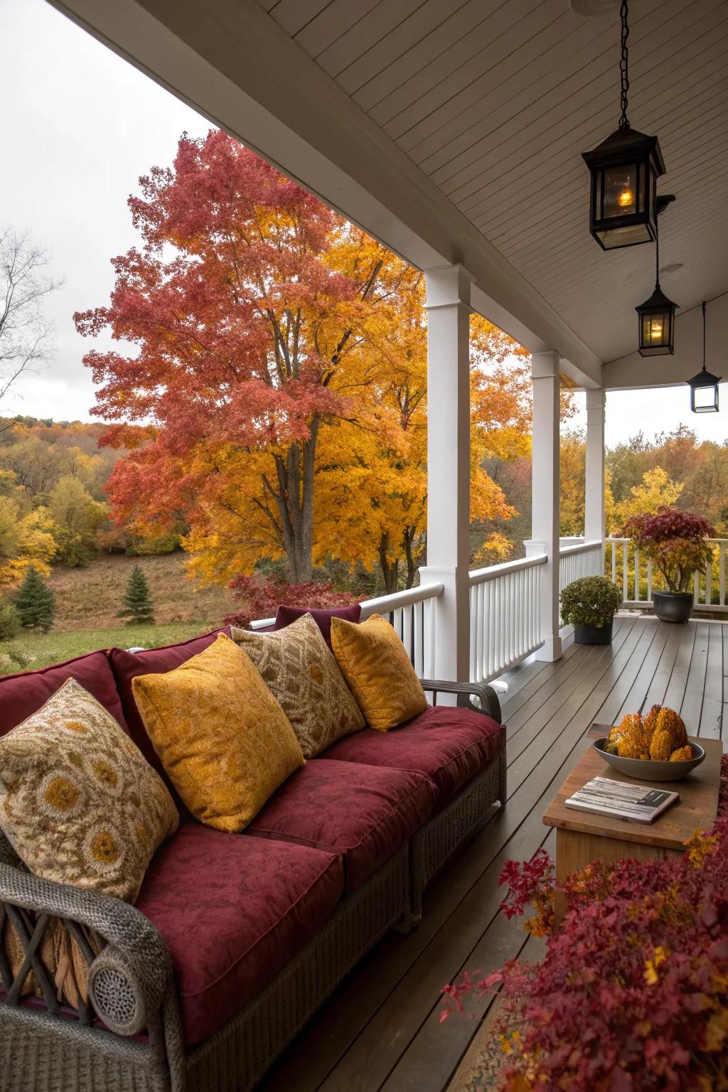Cushions in fall colors add a cozy touch to your seating.