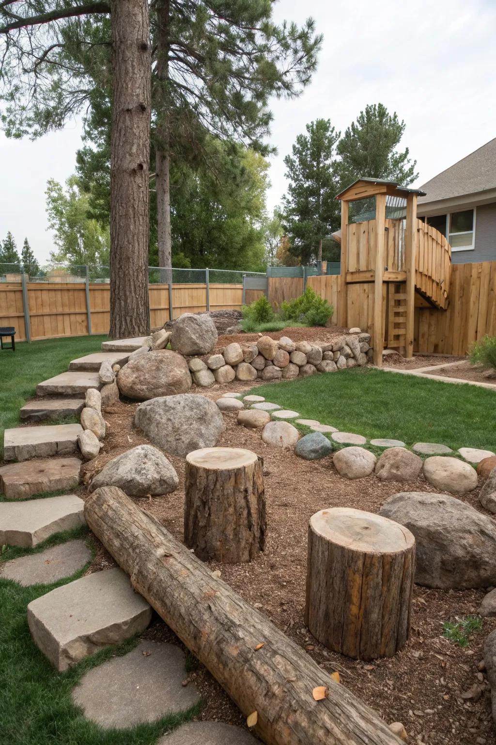 Nature-inspired play elements for exploration.
