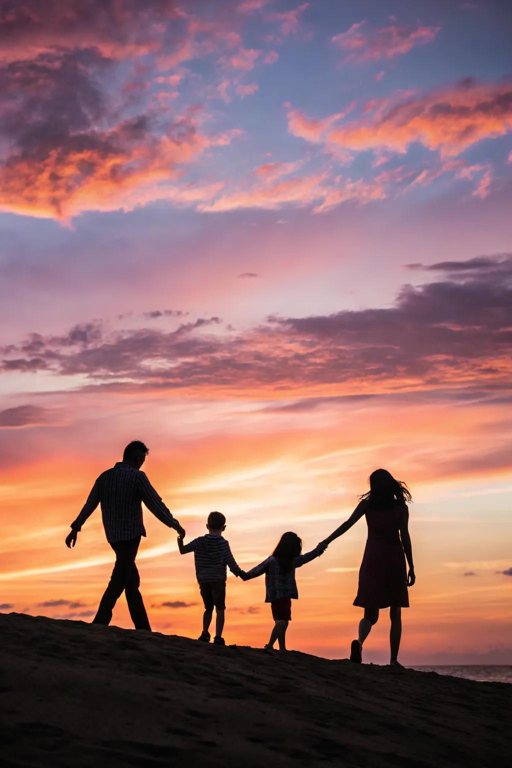 Silhouette family portrait, showcasing unity and love.