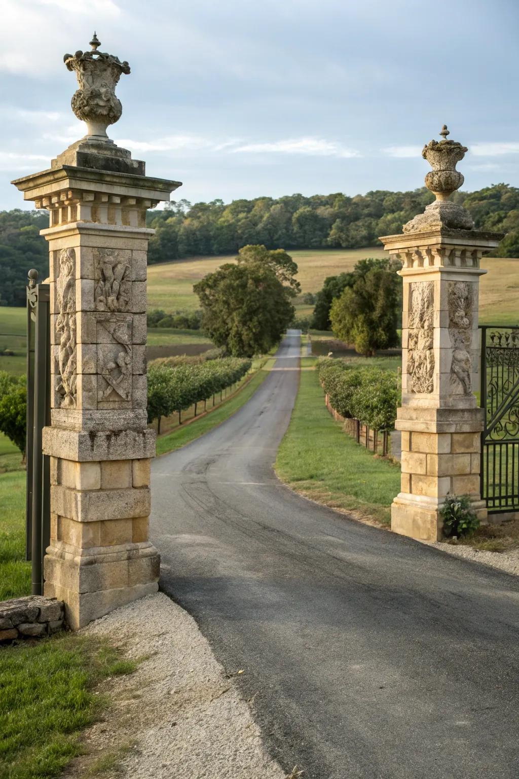 Stone pillars creating a dramatic and personalized driveway entrance.