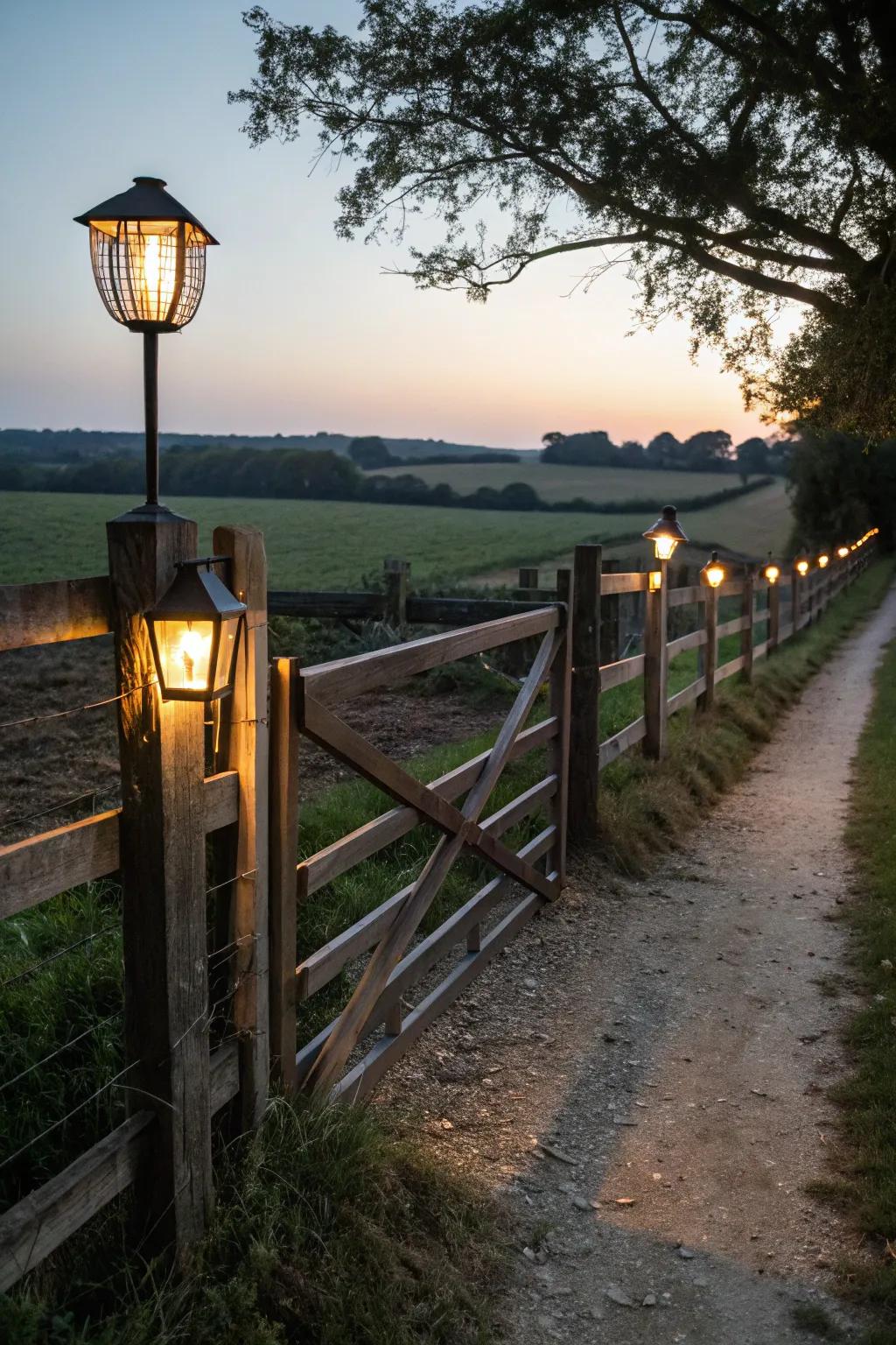 Solar-powered lanterns provide a warm ambiance, lighting up the gate beautifully at night.