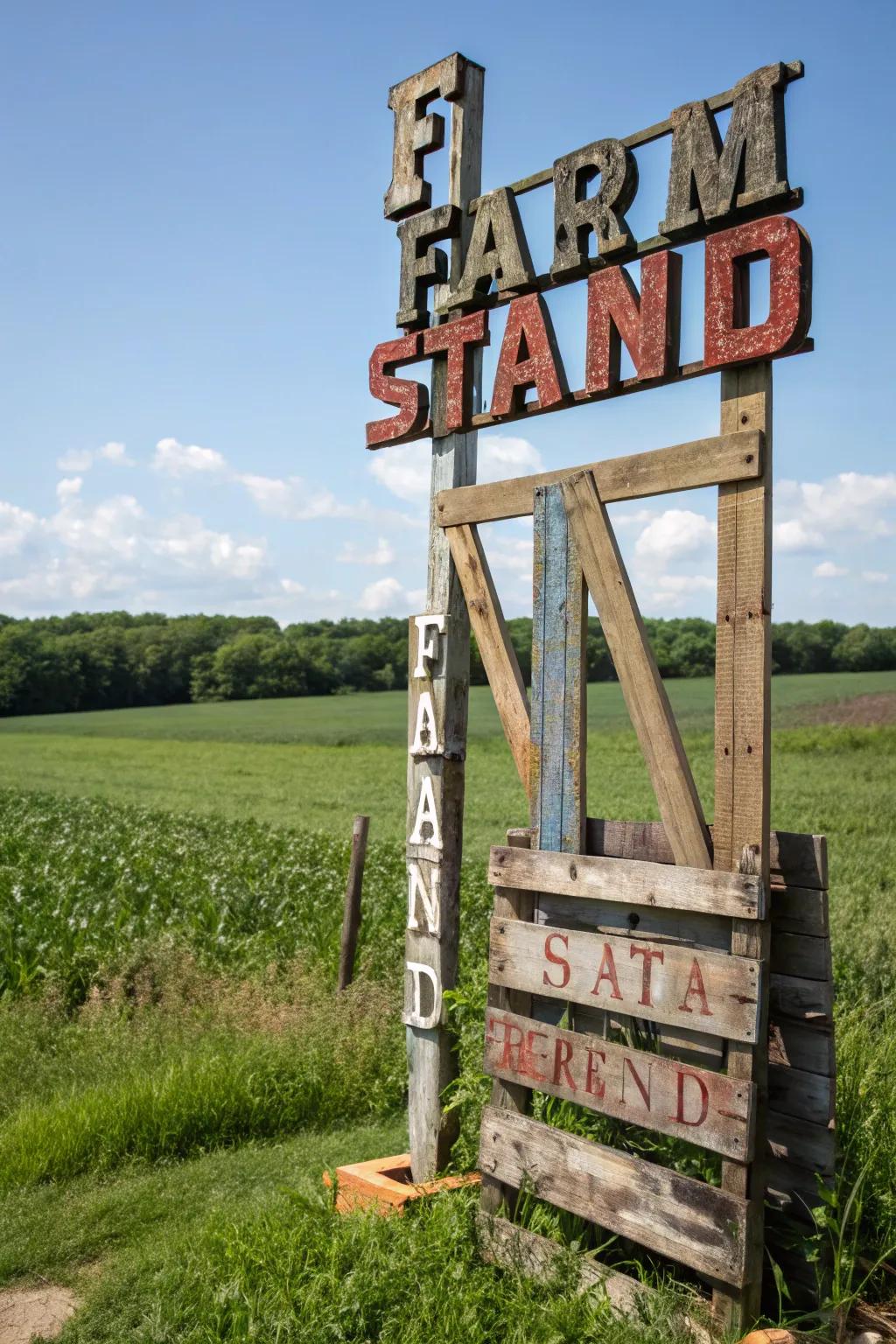 Recycled materials become artistic and eco-friendly signage.