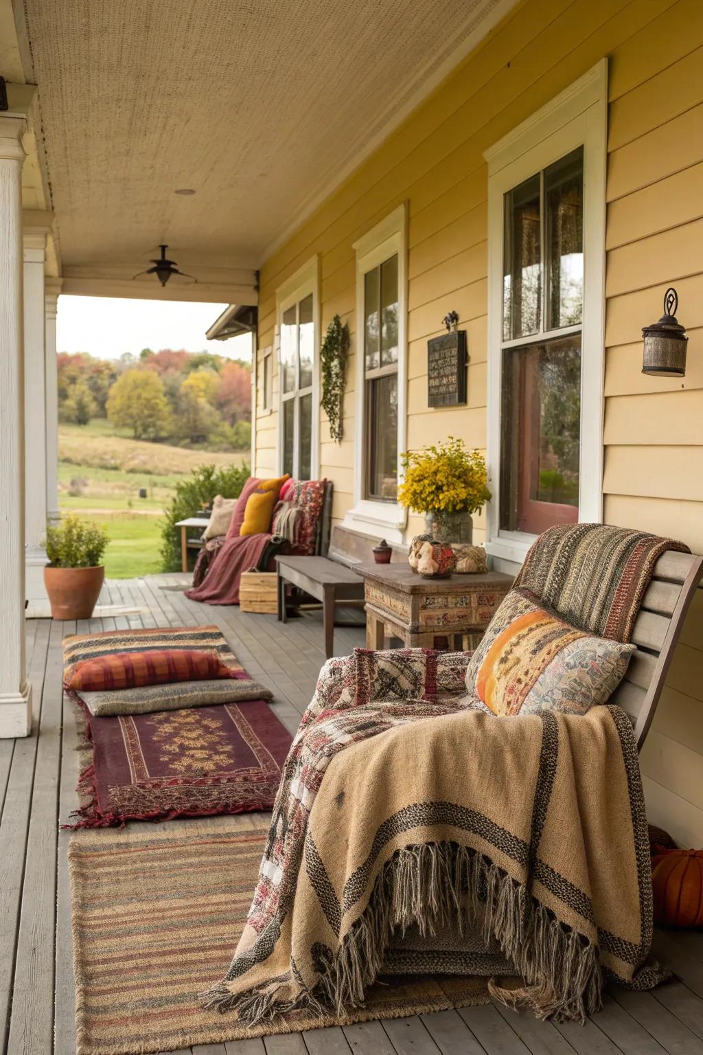 Layered textiles add warmth and definition to your porch.
