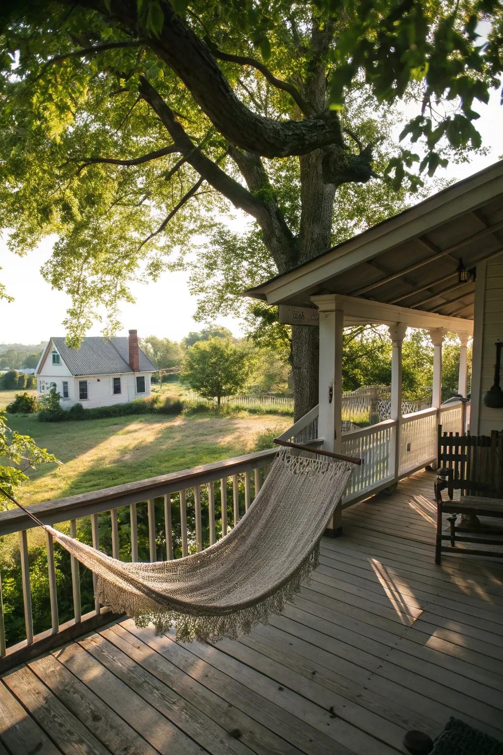 A hammock offers a perfect relaxation spot.