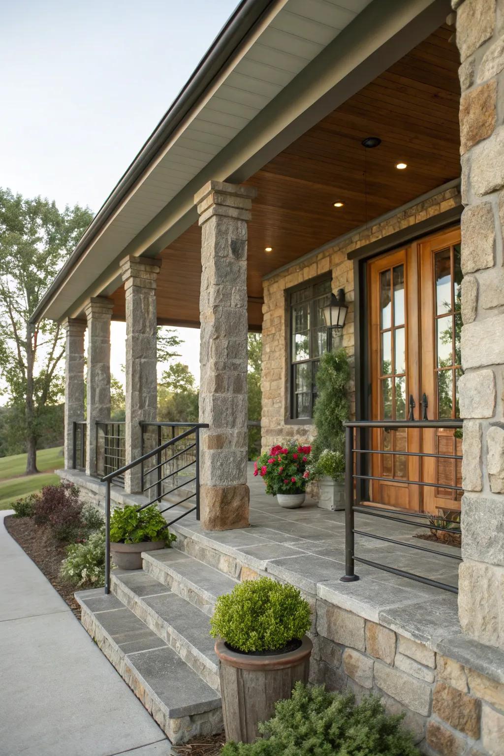 Mixed materials create a unique and modern porch aesthetic.