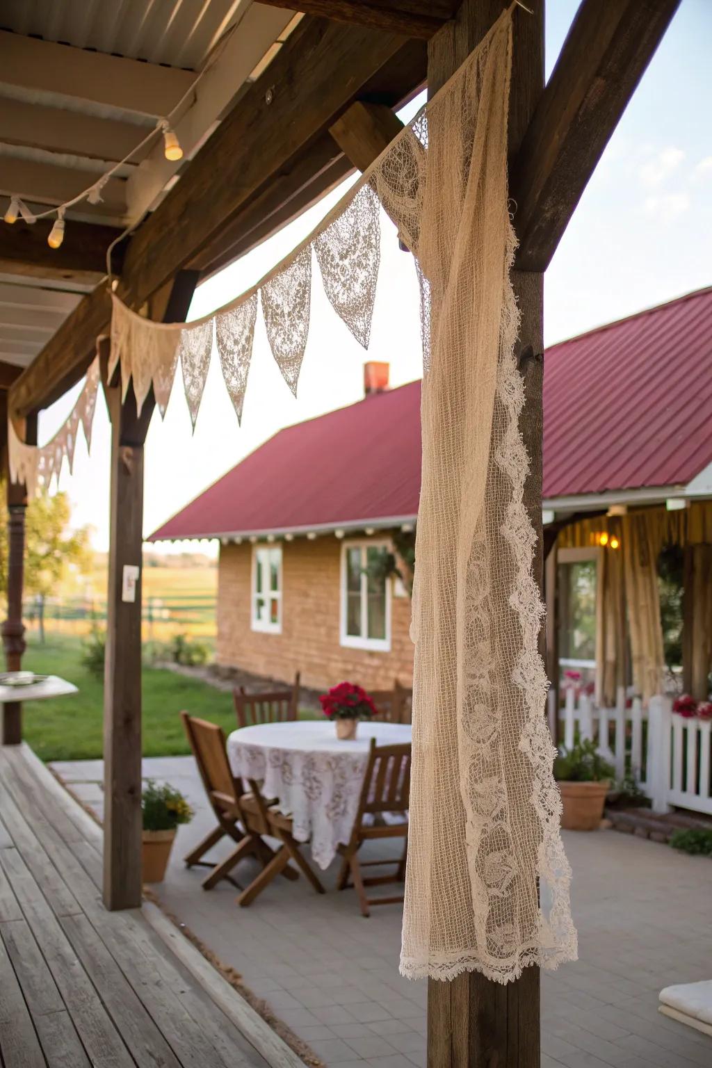 Burlap and lace add rustic elegance to your outdoor decor.