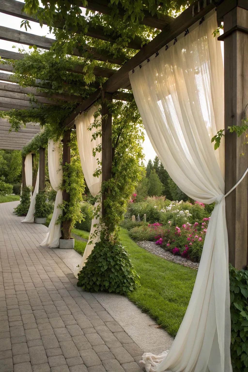 Outdoor curtains provide privacy and a touch of elegance.