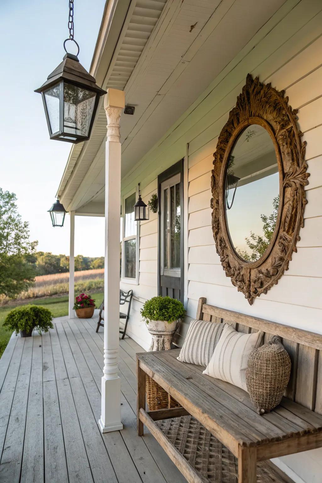 Mirrors enhance light and space on your farmhouse porch.