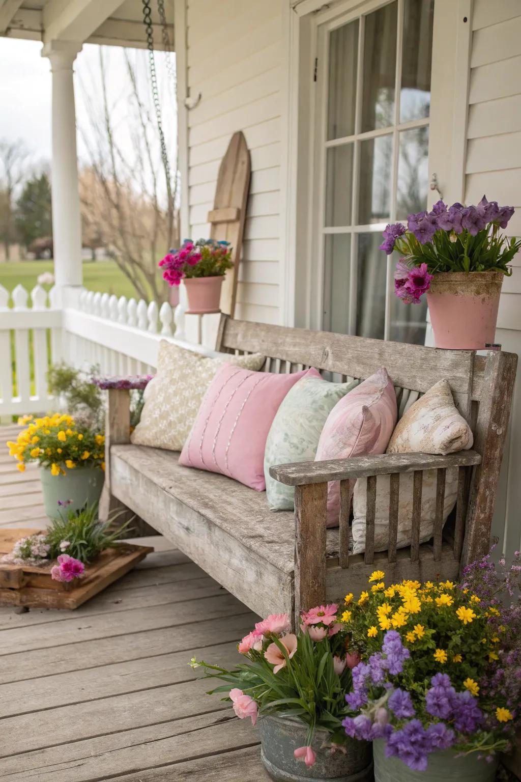 A weathered bench offers rustic charm and seating.