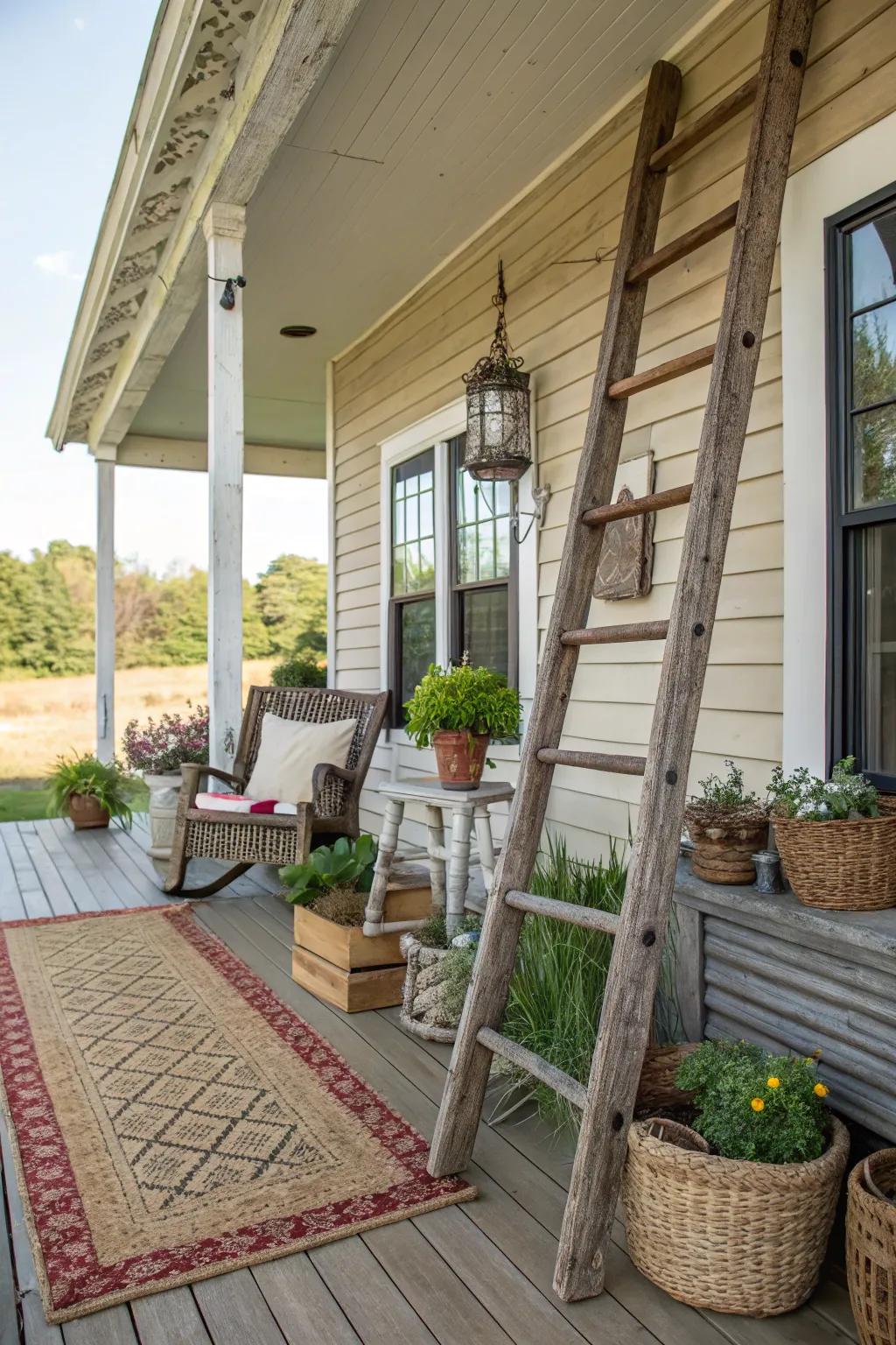 A rustic ladder adds vertical interest to your porch.