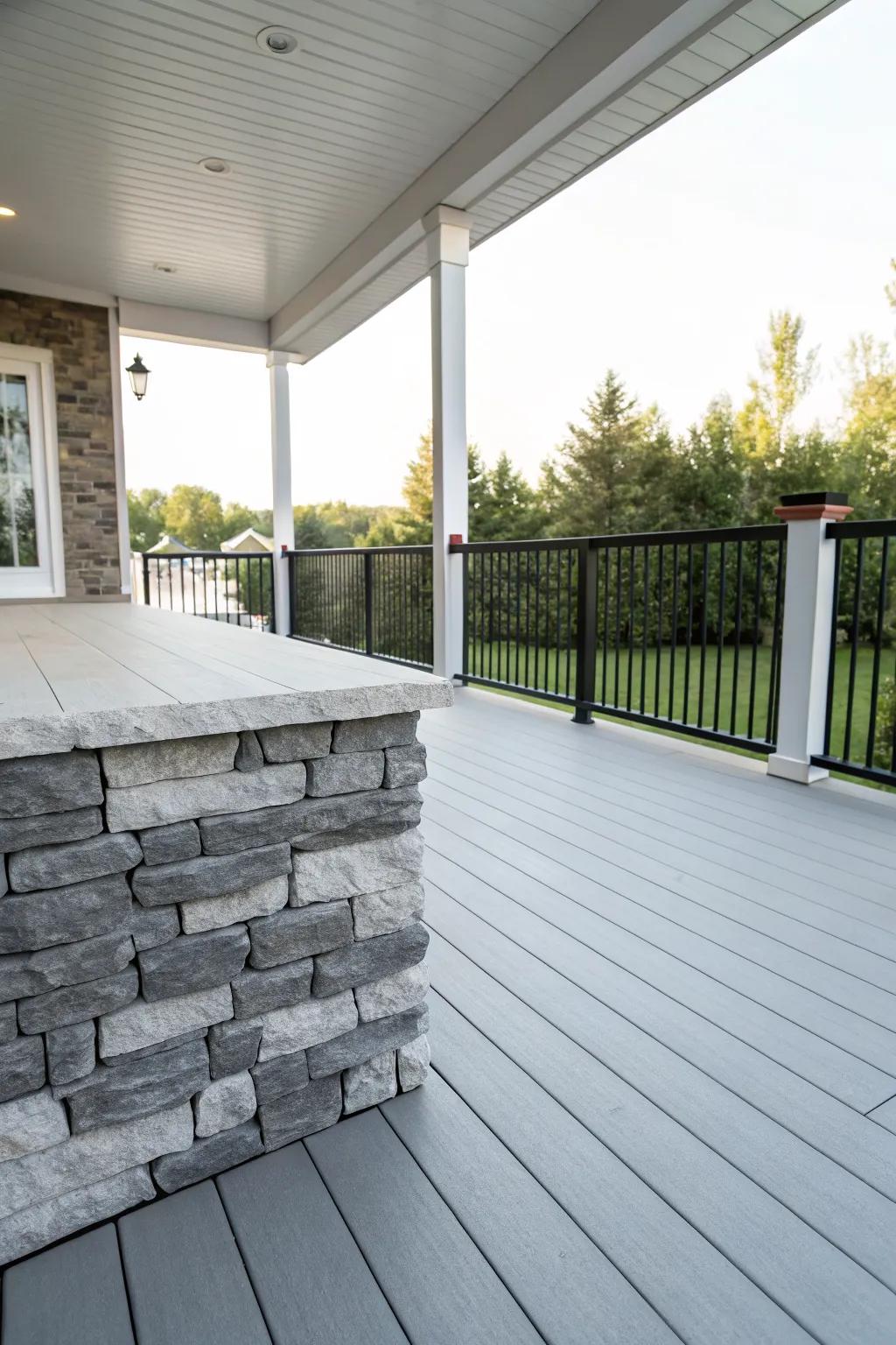 Monochrome stone skirting offers a sleek and cohesive minimalist style.