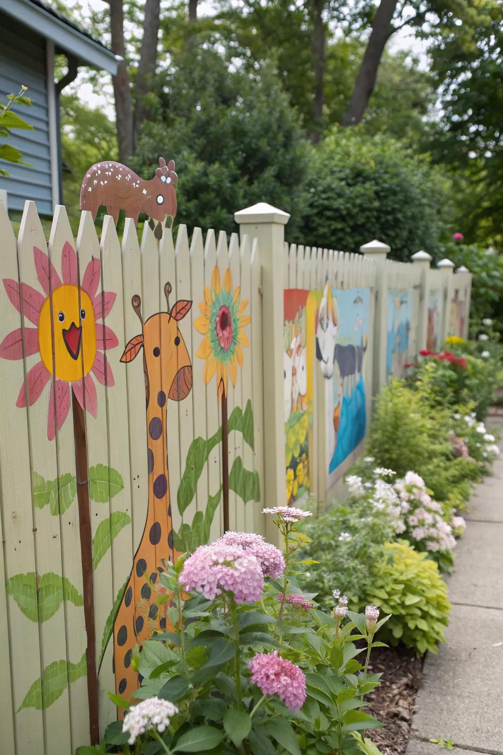 Whimsical animal paintings bring joy and playfulness to this garden fence.