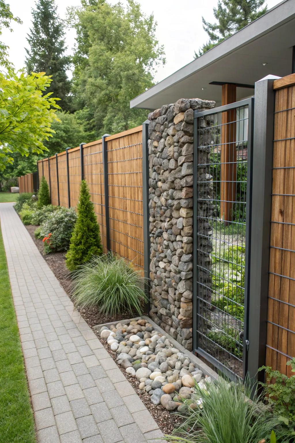 Mixed materials make for a sturdy and stylish fence.