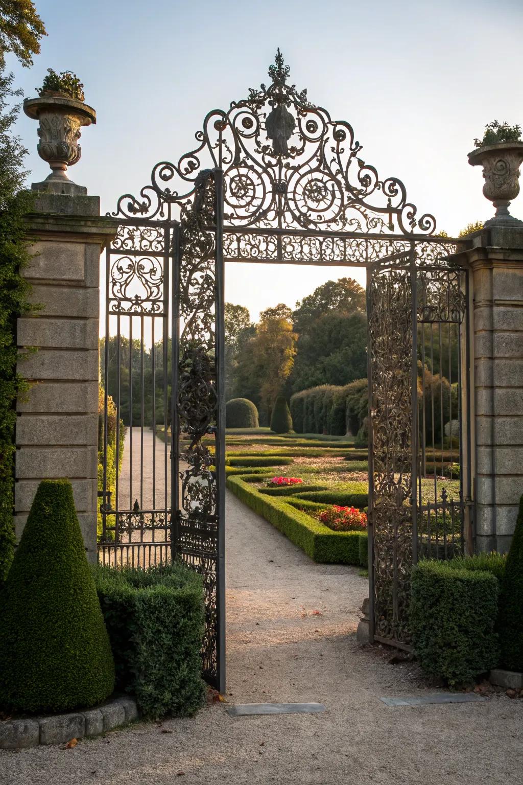 An artistic wrought iron gate exudes elegance and sophistication.