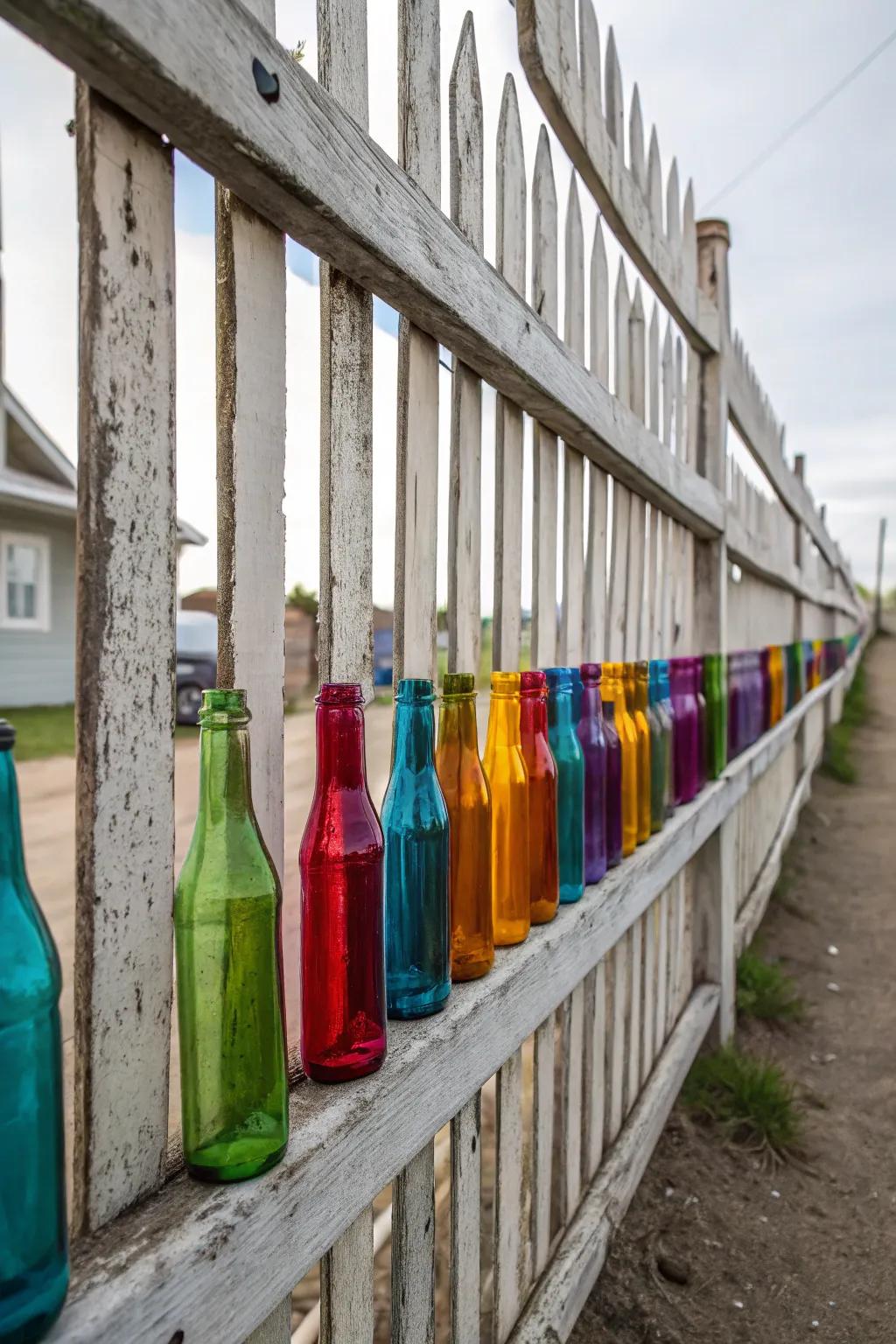 Colored glass bottles add playful color and light.