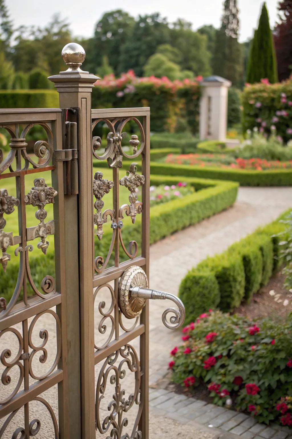 Decorative latches with handles add a touch of style to gates.
