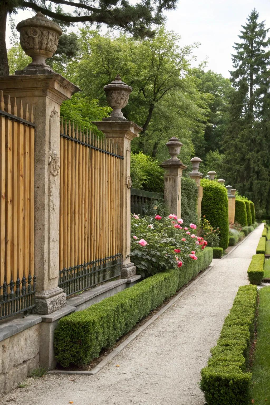 Stone and wood combine for an elegant and durable fence.