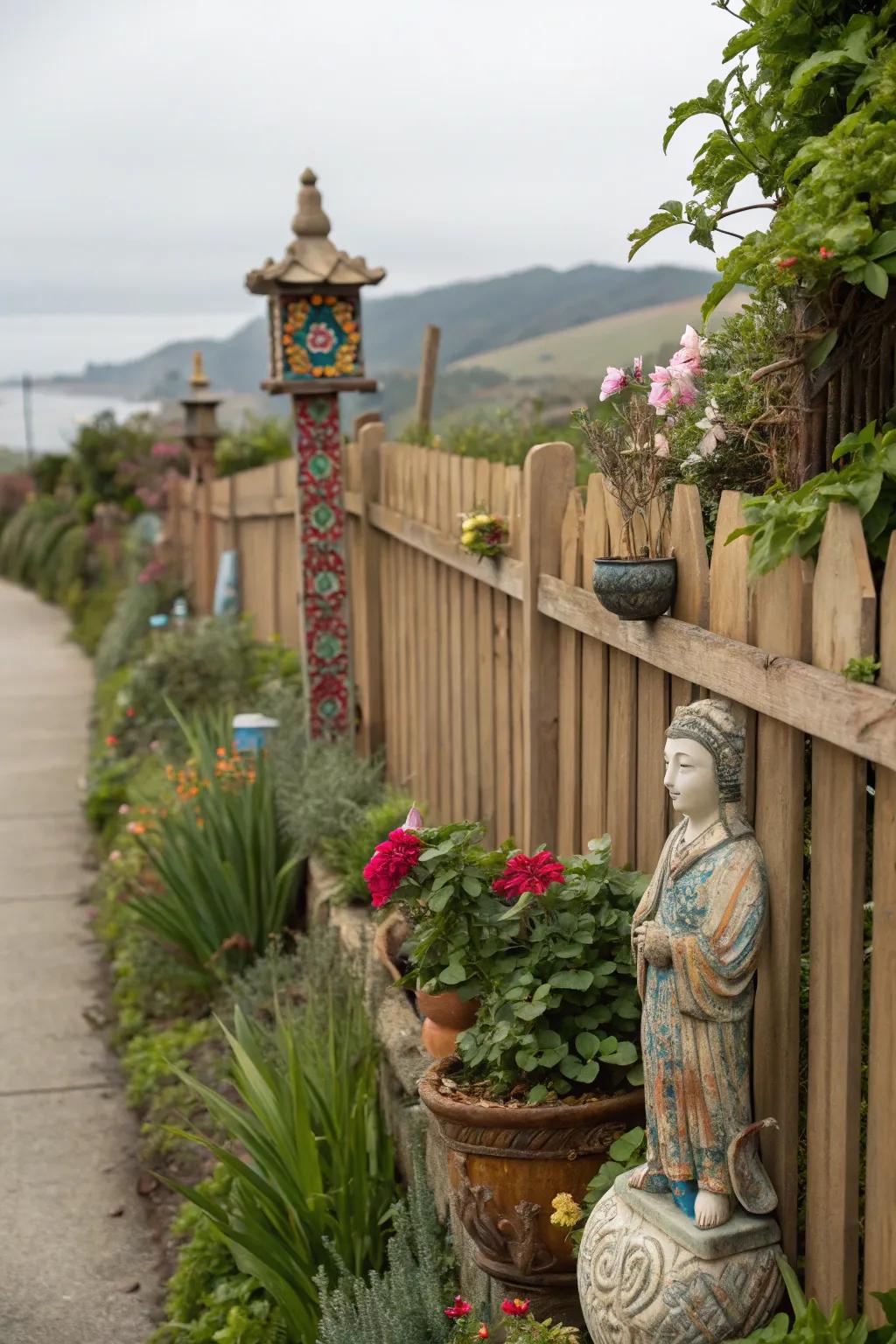 Express your style with art pieces integrated into your garden.