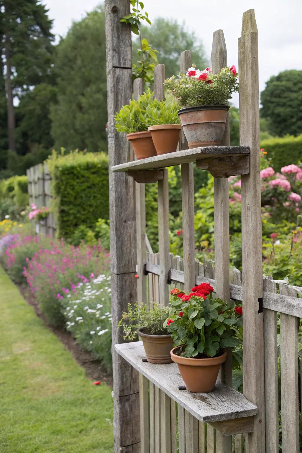 Floating shelves on fence posts for a creative plant display.