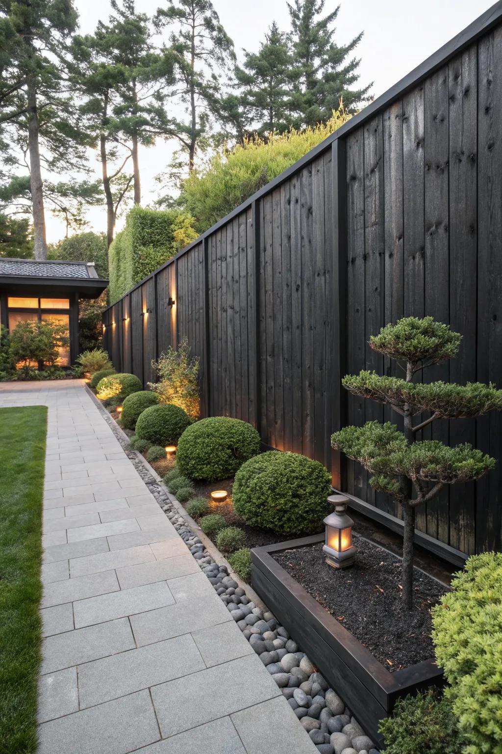 A stunning Shou Sugi Ban charred fence provides a unique and striking garden feature.