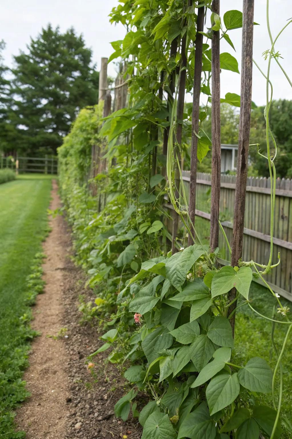 Trellis with edible plants provides privacy and fresh produce.