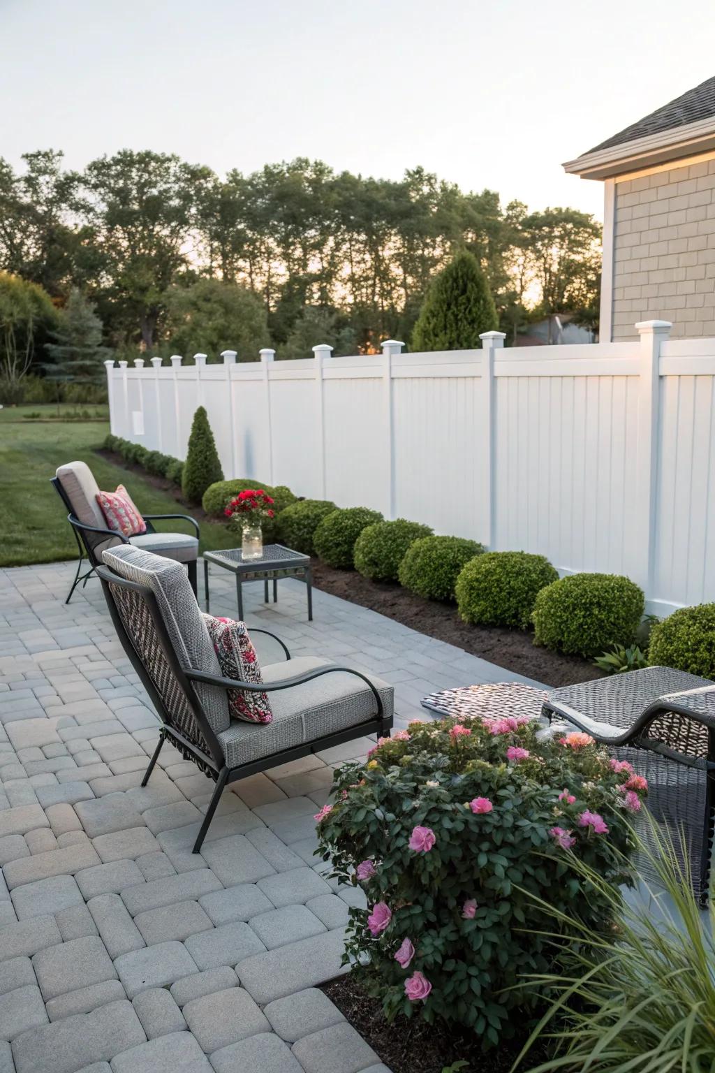 Low-maintenance and stylish patio enclosed by a durable vinyl fence.