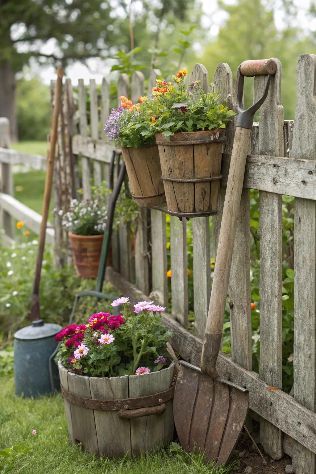 Infuse rustic charm with wooden planters and vintage accents.