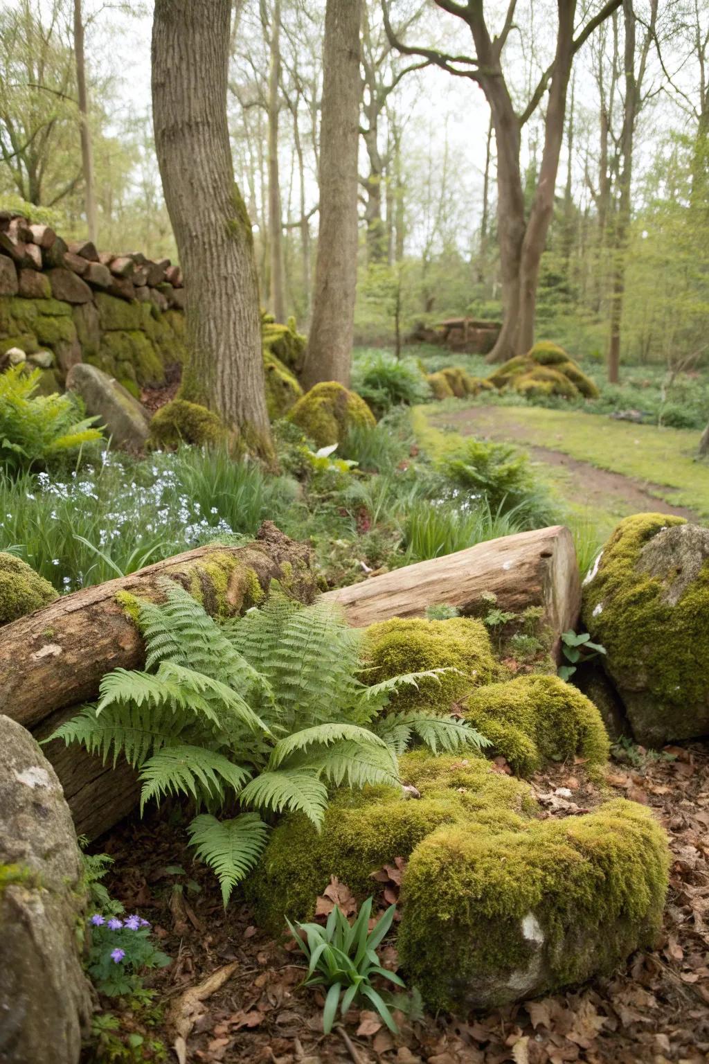 Ferns combined with moss create a woodland garden carpet.