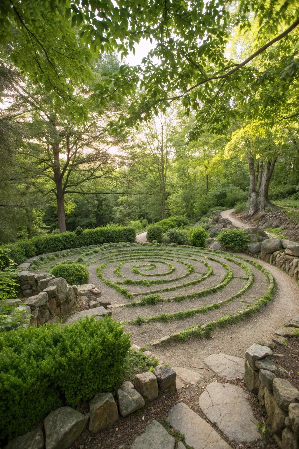 Fieldstone mazes offer playful exploration in garden spaces.