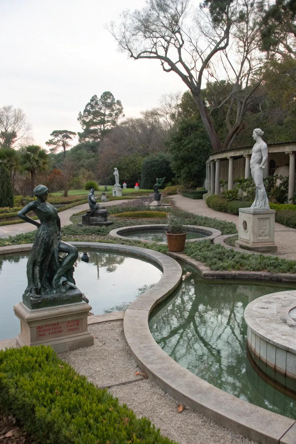 An artistic sculpture garden now graces a filled-in pool area.