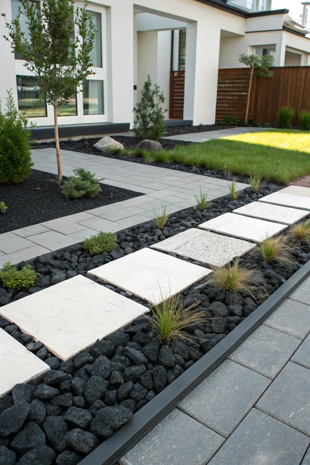 Black lava rocks create a bold, dramatic contrast between pavers.