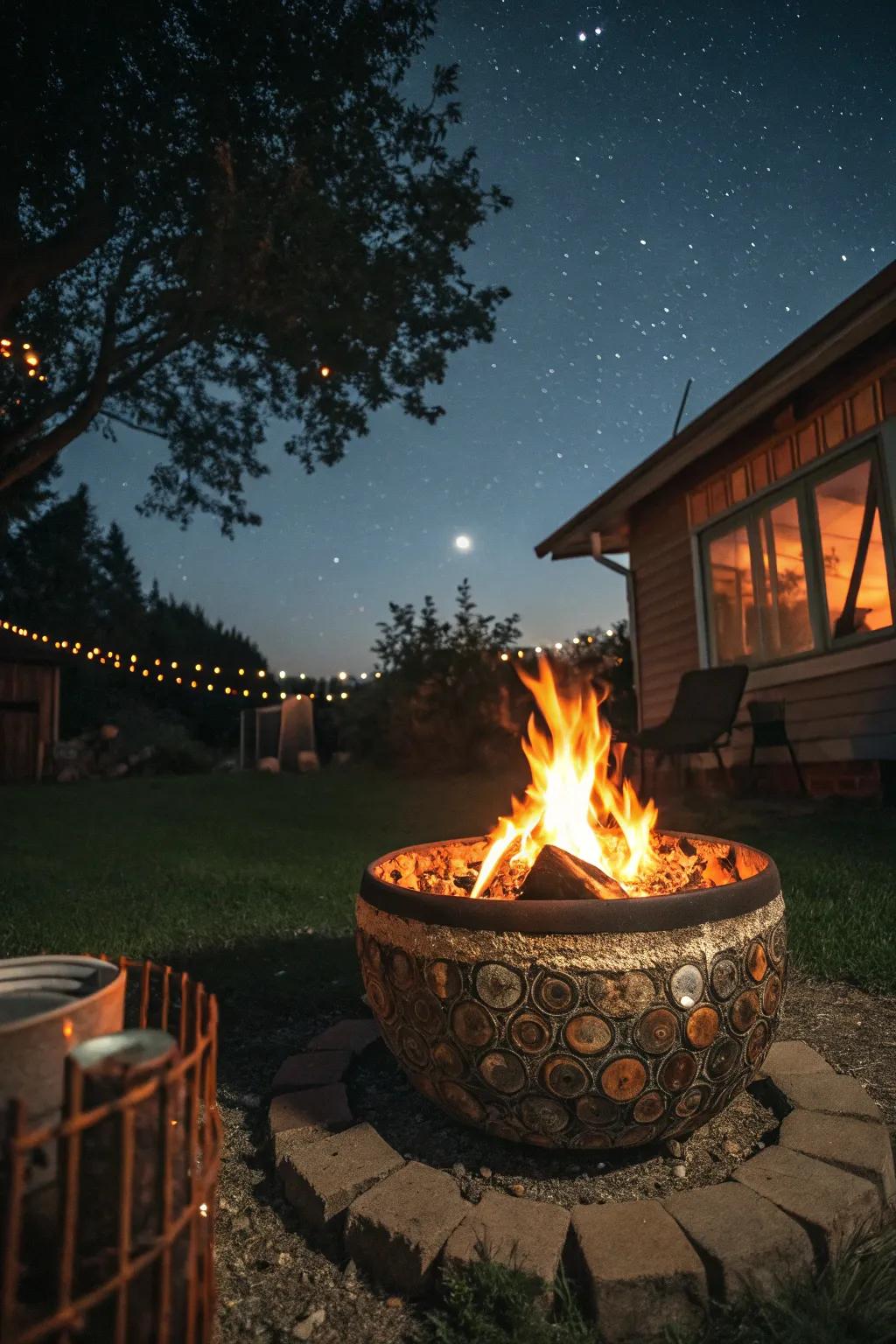 Recycled materials make for an eco-friendly and creative fire pit base.