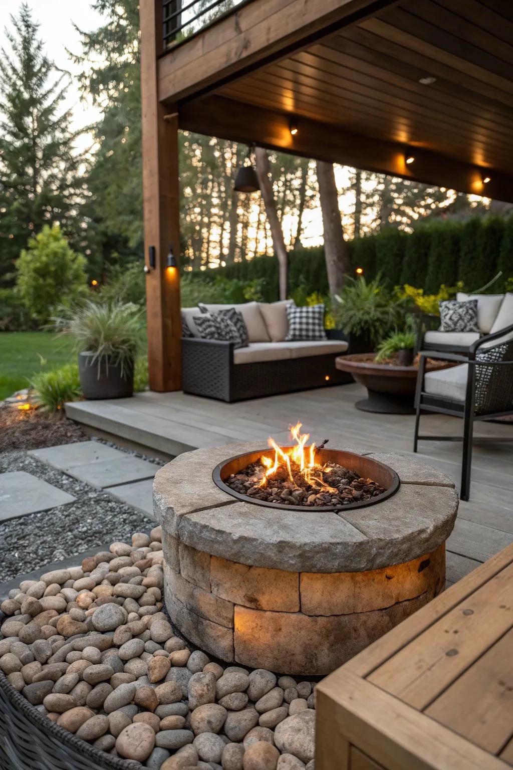 Mixed materials create a rich, textured look around this fire pit.