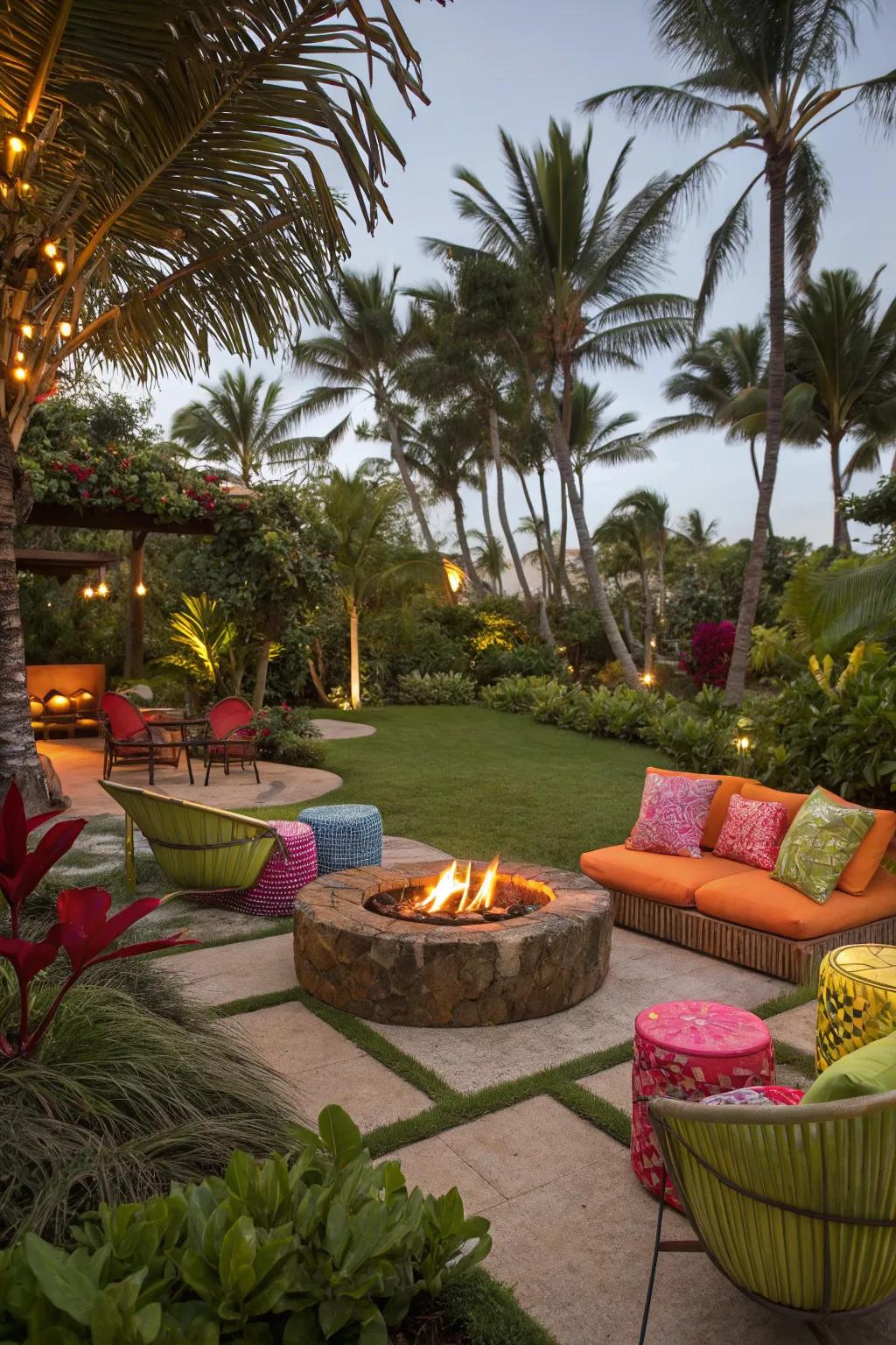 A tropical paradise theme with vibrant plants and colorful seating around the fire pit.