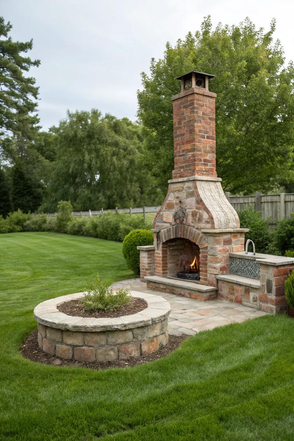 A combination of brick and stone creates a visually interesting fire pit design.