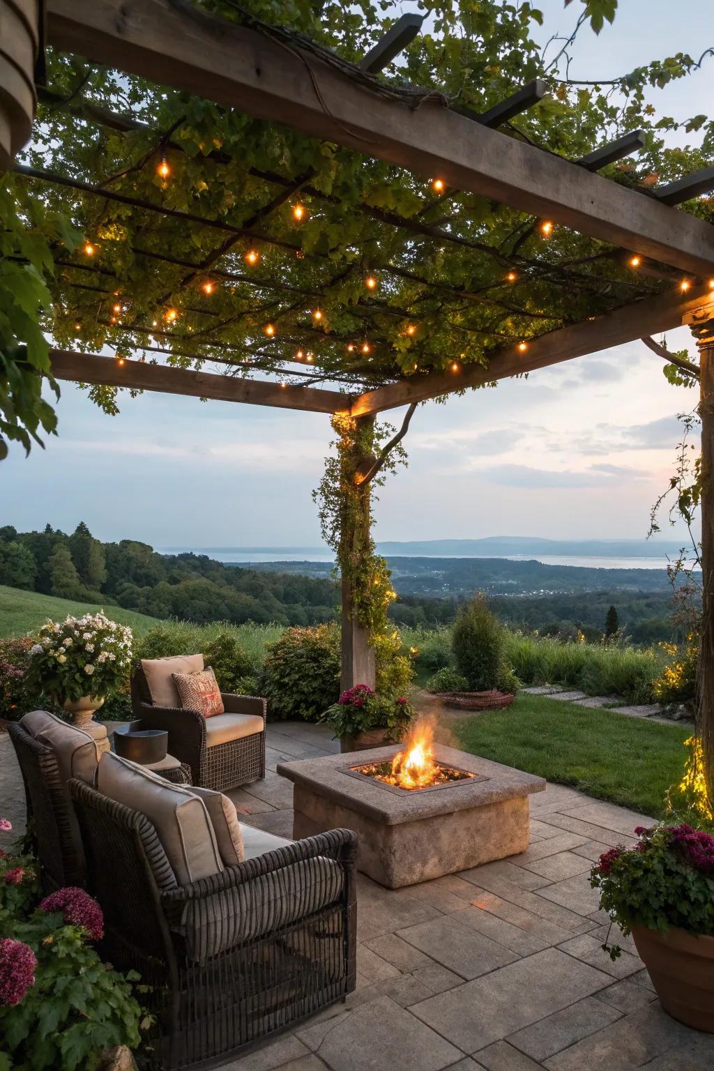 A scenic view enhances the pergola and fire pit experience.