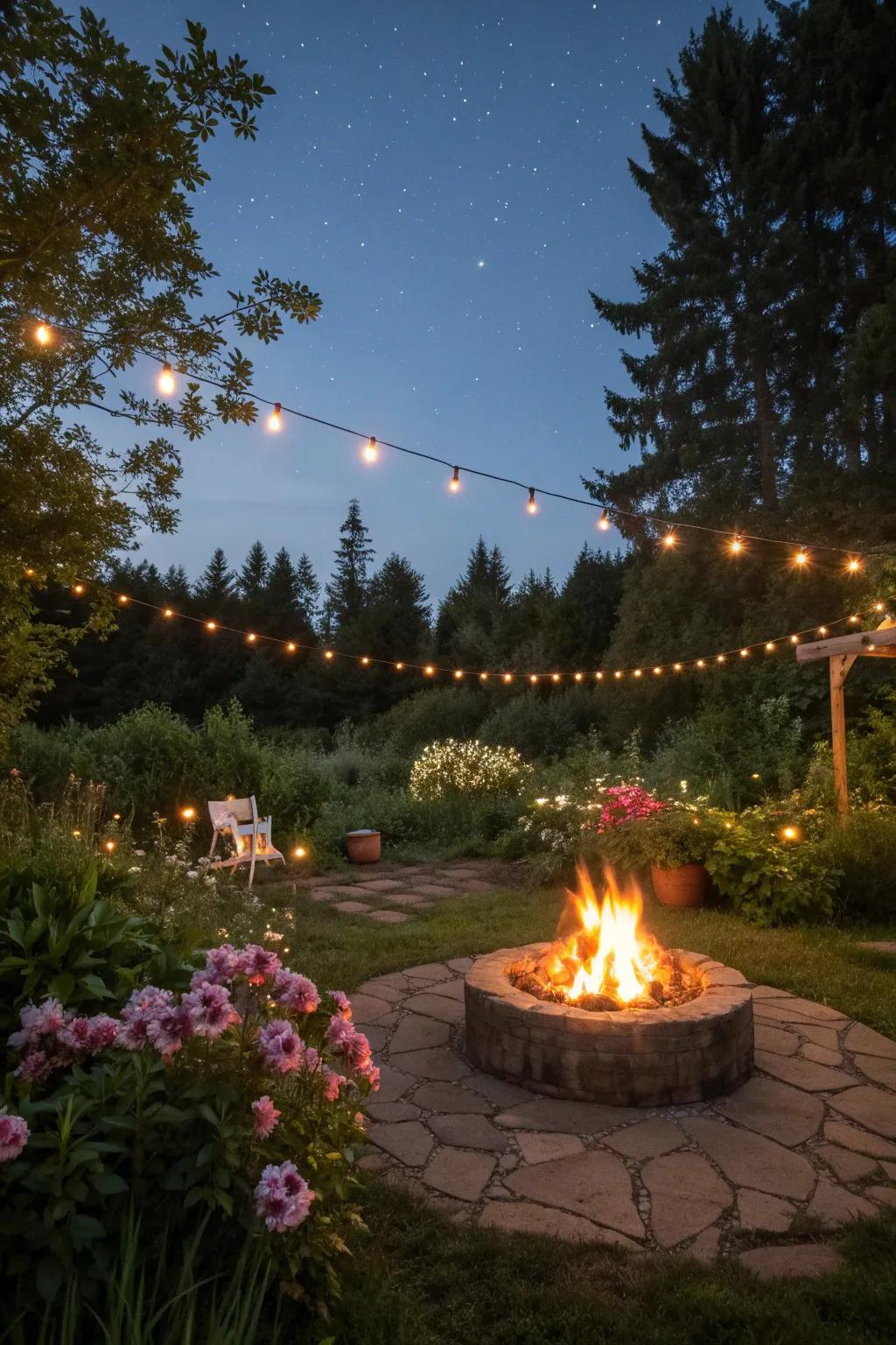 String lights add a magical touch to any fire ring setup.