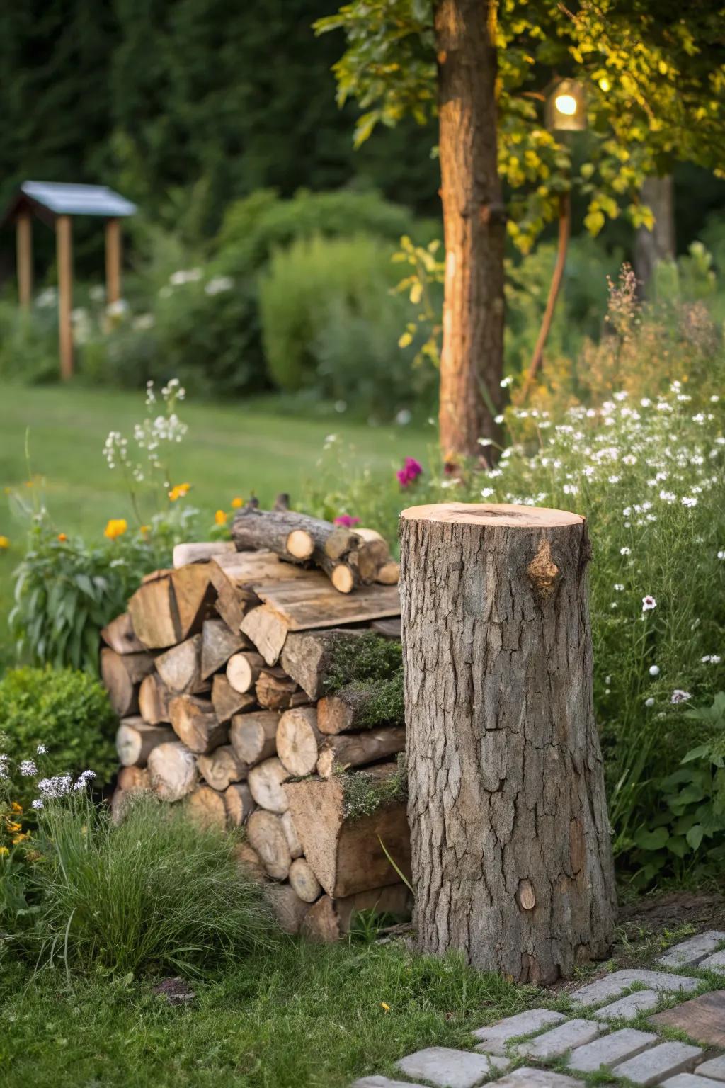Tree stump holder brings a natural element to firewood storage.