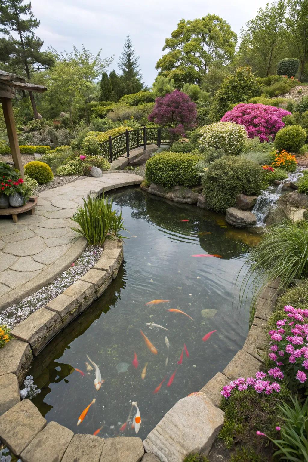Irregular shapes add visual interest to a garden pond.